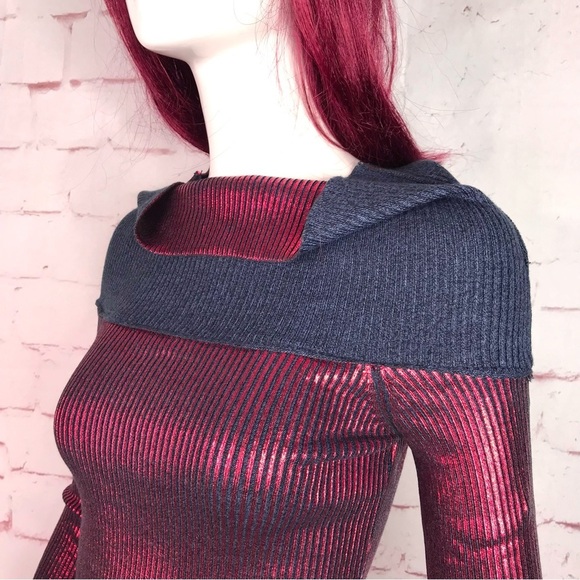 ZARA XS Off the Shoulder Metallic Red & Grey Foil Knit Stretch Top NEW WITH TAG - Picture 13 of 15